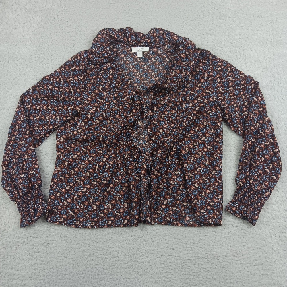 Ann Taylor Weekend Floral Paisley Ruffle Blouse L Navy Blue Smocked Cuff RN77379